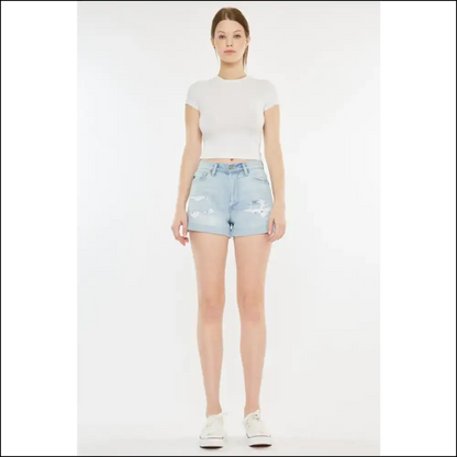 Kancan High Rise Repaired Mom Denim Shorts