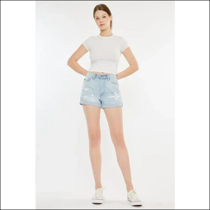 Kancan High Rise Repaired Mom Denim Shorts - Light / s