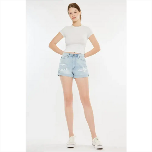 Kancan High Rise Repaired Mom Denim Shorts - Light / s