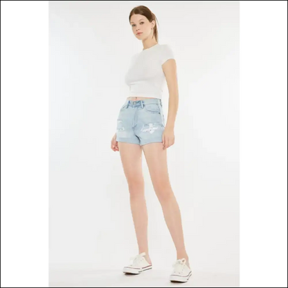 Kancan High Rise Repaired Mom Denim Shorts