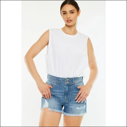 Kancan High Rise Raw Hem Denim Shorts - Medium / 3xl