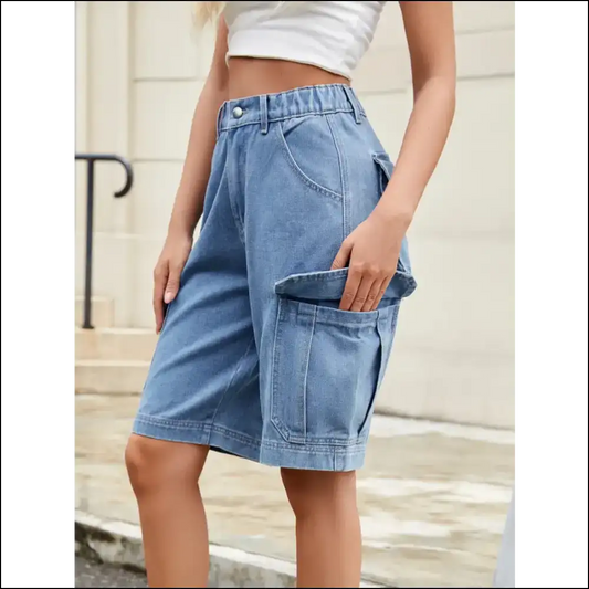 Chic High Waist Denim Shorts with Pockets - Medium / Xl