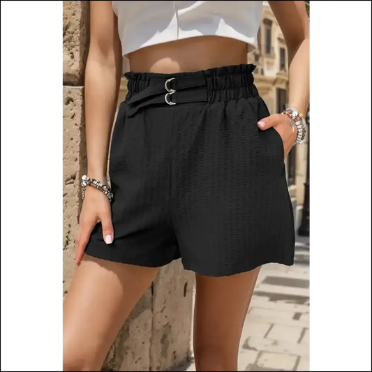 Perfee Pocketed Double Buckle High Waist Shorts - Black / l