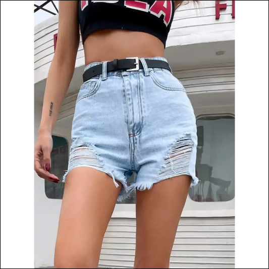 Chic Distressed Raw Hem Denim Shorts - Light / Xs