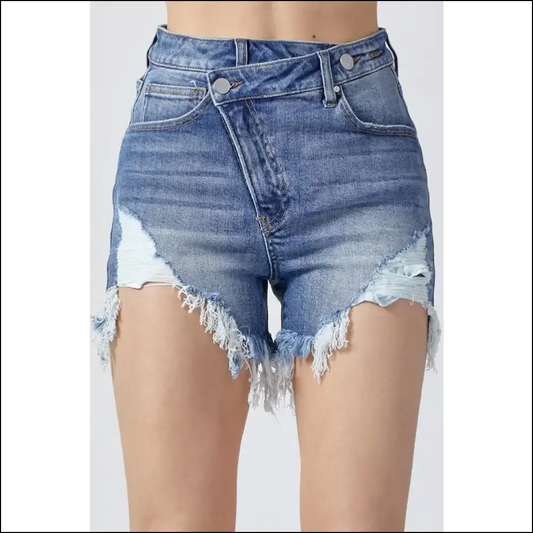 Risen Raw Hem Asymmetrical Waist Denim Shorts - Medium / s