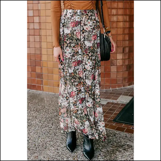 Brown Floral High Waist Maxi Skirt: Bloom where You’re Planted! 🌼 - s - Skirts