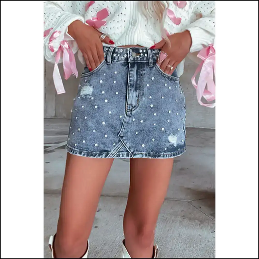 Dusk Blue Rhinestone Mini Skirt: Denim Disasterpiece 💙 Needful Things - s - Skirts