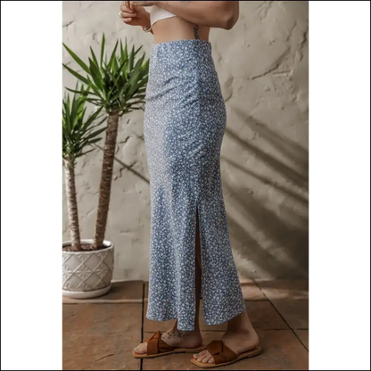 Sky Blue Boho Floral High Waist Side Split Long Skirt Skirts