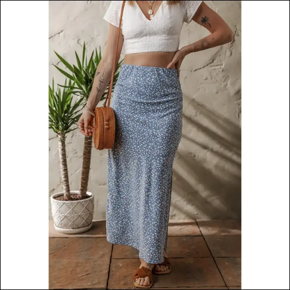 Sky Blue Boho Floral High Waist Side Split Long Skirt Skirts