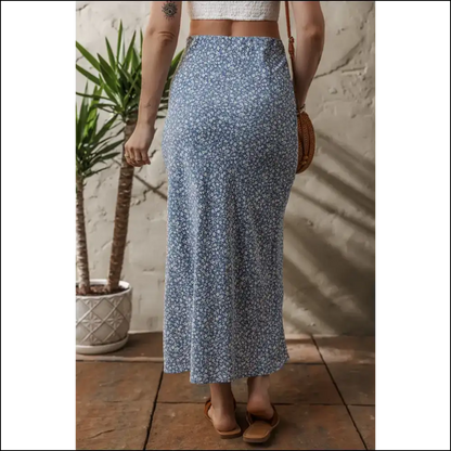 Sky Blue Boho Floral High Waist Side Split Long Skirt Skirts