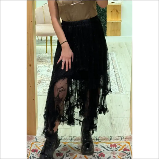 Elegant Black Lace Cascading Tiered High Waist Maxi Skirt - s - Skirts