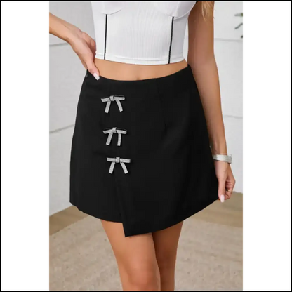 Rhinestone Bow Mini Skirt: Dangerously Glamorous Black 😈 Needful Things - Skirts