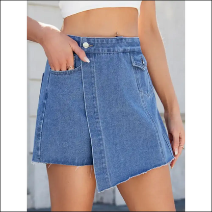 Frayed Hem Asymmetrical Denim Skort - Trendy & Chic - Medium / s - Skorts