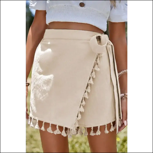 Tassel Trim Wrap Knot Side Mini Skort Beige / Xl Skorts
