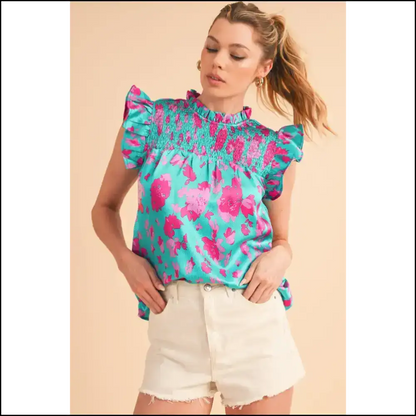 Green Floral Ruffled Flutter Shoulder: Goodbye Armpit Fat! 👋 Needful Things - Sleeveless Shirts