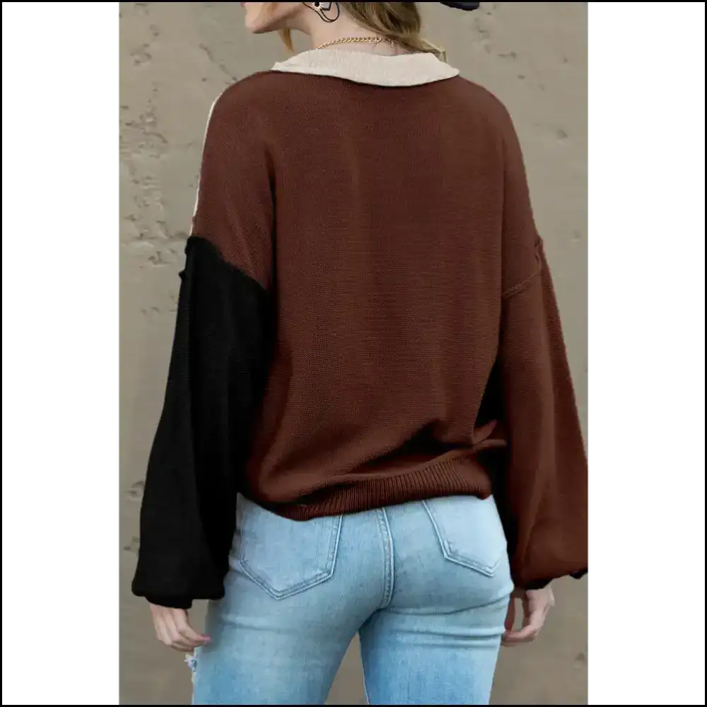 Brown Colorblock Bishop Sleeve Sweater: Cozy ☕ - Sweaters