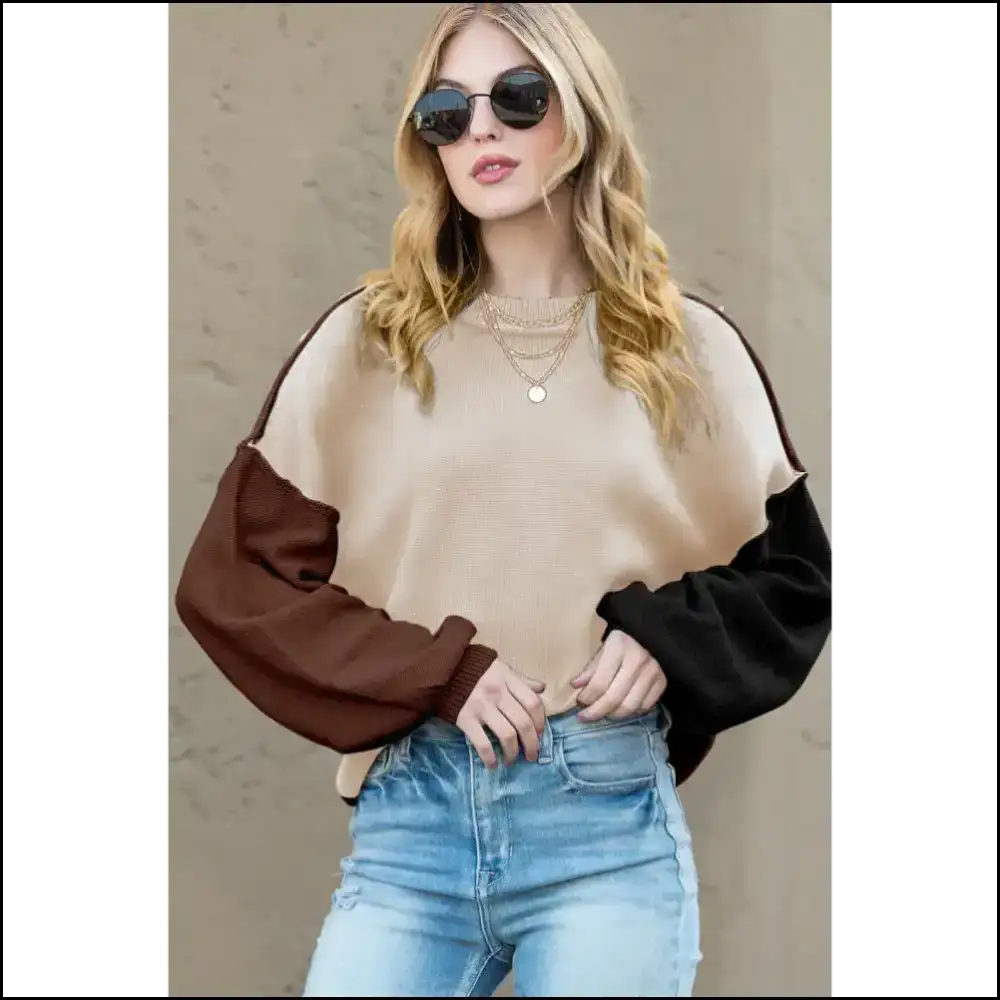 Brown Colorblock Bishop Sleeve Sweater: Cozy ☕ - Coffee / s - Sweaters