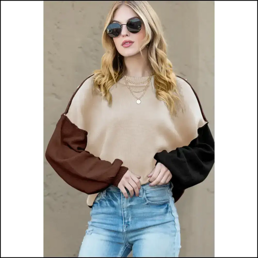 Brown Colorblock Bishop Sleeve Sweater: Cozy ☕ - Coffee / s - Sweaters