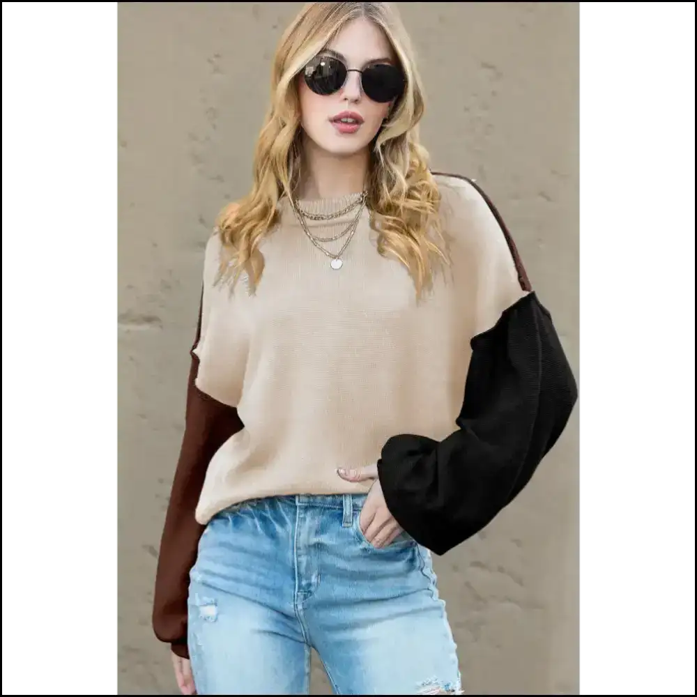Brown Colorblock Bishop Sleeve Sweater: Cozy ☕ - Sweaters