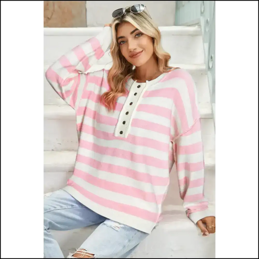 Pink Striped Drop Dead Gorgeous Henley Sweater from Needful Things 😈 - Stripe / s - Sweaters