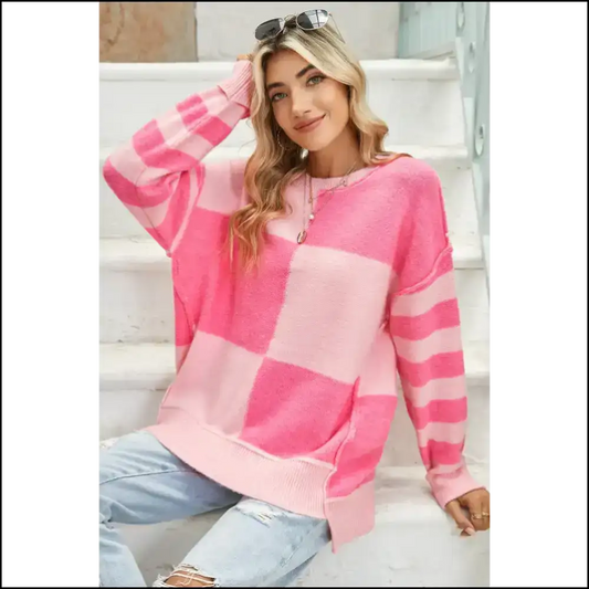 Needful Things: Chic Pink Checkered High Low Sweater – Mood! 💖 Checkerboard of Dreams! - s - Sweaters