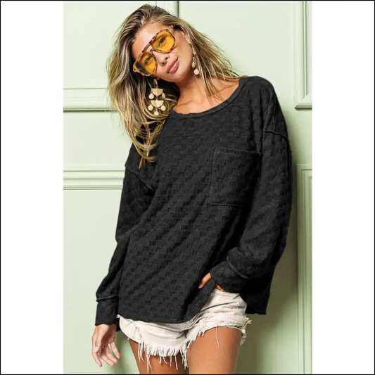 Bibi Checkered Round Neck Exposed Seam Top - Black / m - Sweatshirts & Hoodies
