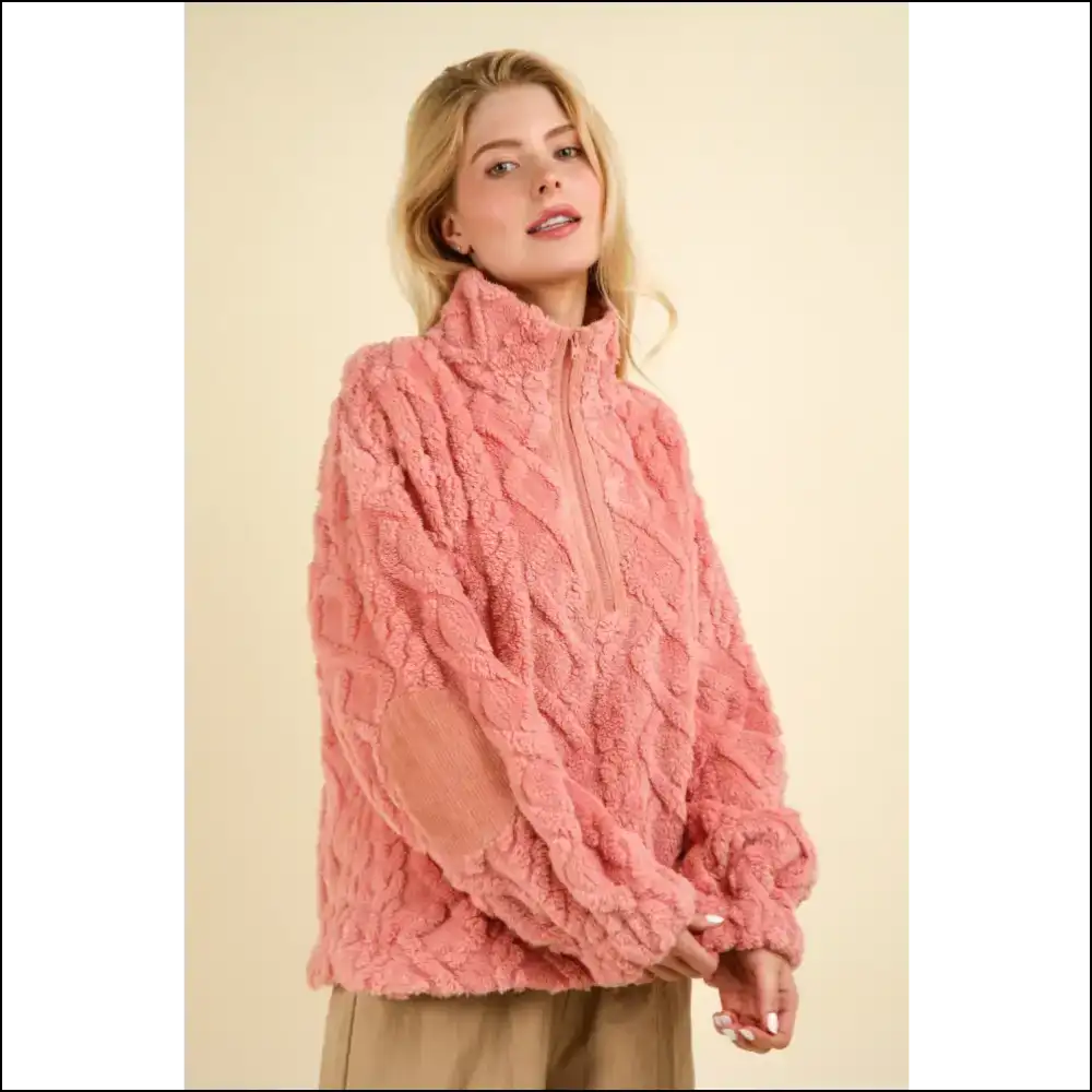 Cozy Chic Fuzzy Fleece Half Zip Sweatshirt - Sweatshirts & Hoodies