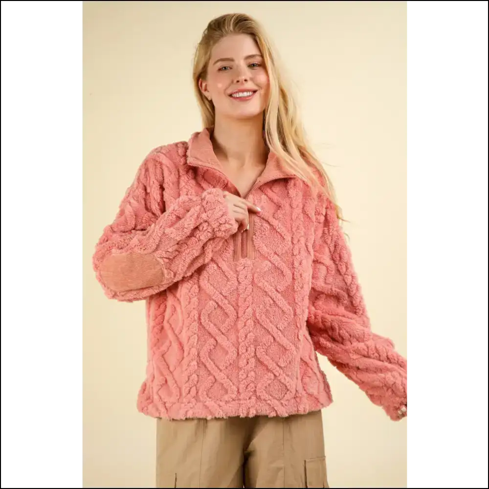 Cozy Chic Fuzzy Fleece Half Zip Sweatshirt - Sweatshirts & Hoodies