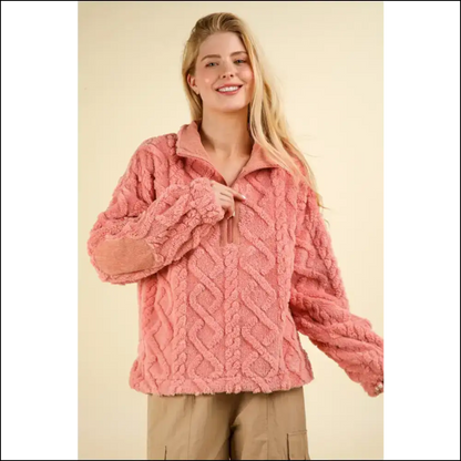 Cozy Chic Fuzzy Fleece Half Zip Sweatshirt - Sweatshirts & Hoodies
