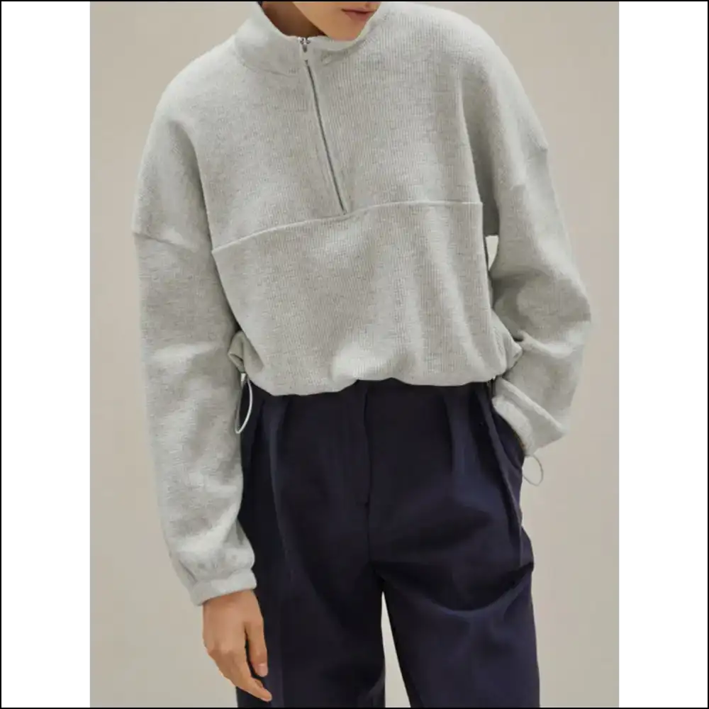 Chic Wfle Knit Drawstring Half Zip Long Sleeve Sweatshirt - Light Gray / s - Sweatshirts & Hoodies