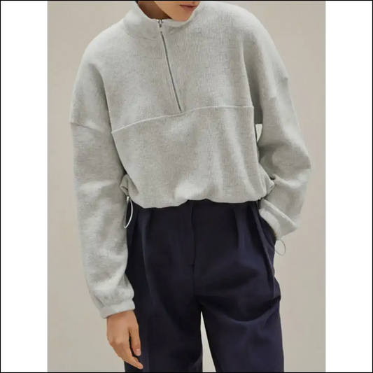 Chic Wfle Knit Drawstring Half Zip Long Sleeve Sweatshirt - Light Gray / s - Sweatshirts & Hoodies