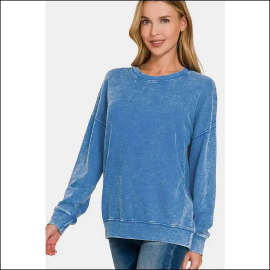 Chic Washed Round Neck Dropped Shoulder Sweatshirt - Blue / s - Sweatshirts & Hoodies
