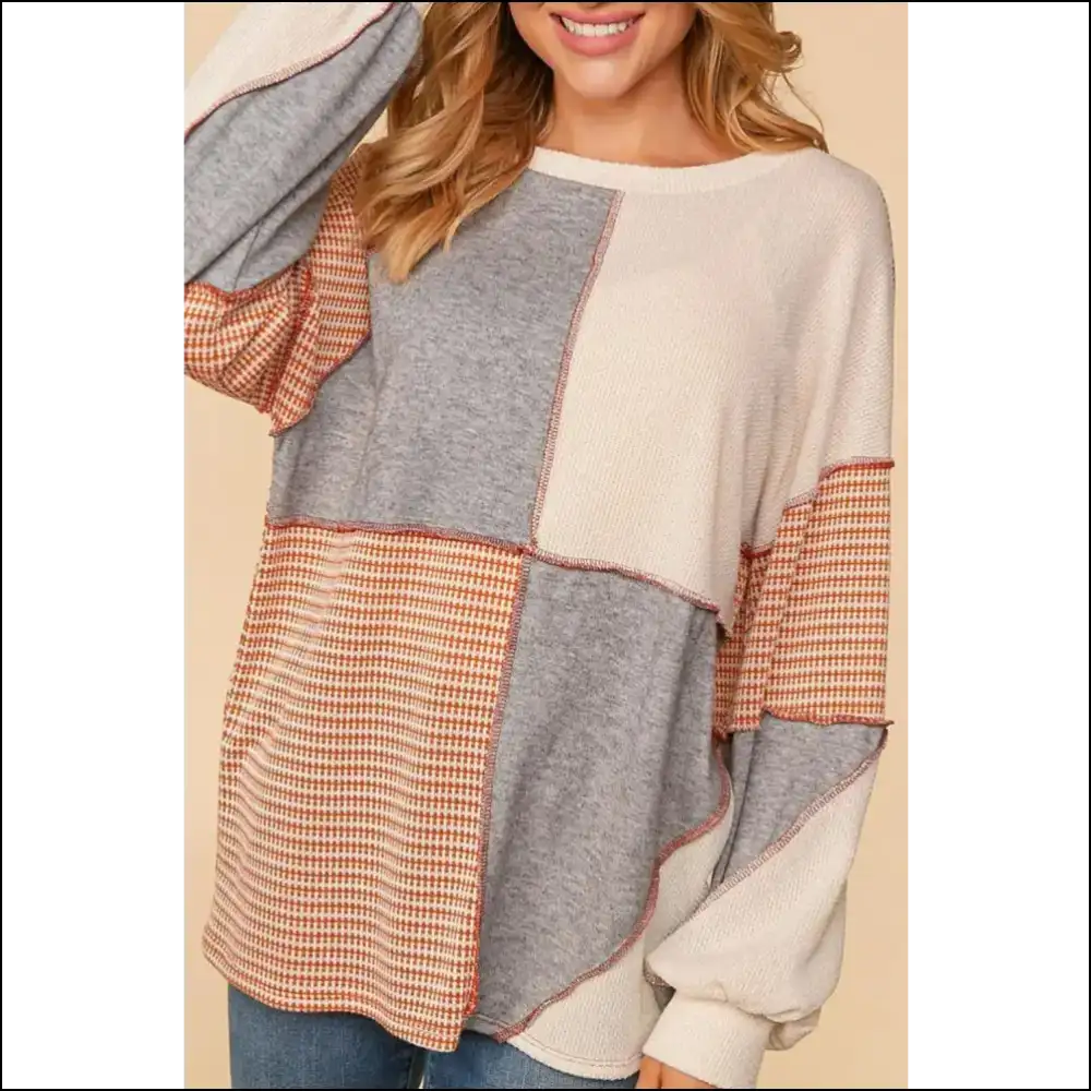 Chic Exposed Seam Color Block Round Neck Top - Gray / m - Sweatshirts & Hoodies