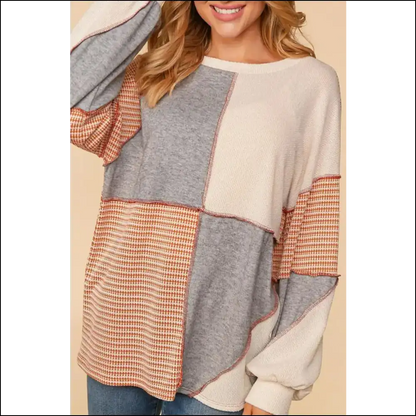 Chic Exposed Seam Color Block Round Neck Top - Gray / m - Sweatshirts & Hoodies