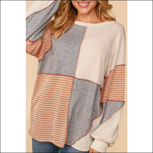 Chic Exposed Seam Color Block Round Neck Top - Gray / m - Sweatshirts & Hoodies