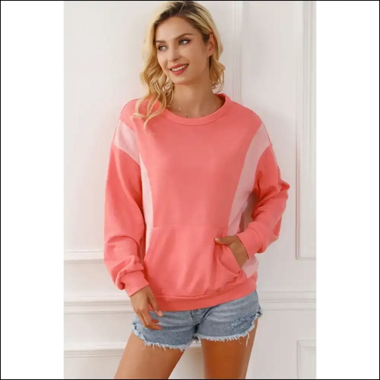 Chic Color Block Round Neck Sweatshirt with Pocket - Coral / Xl - Sweatshirts & Hoodies