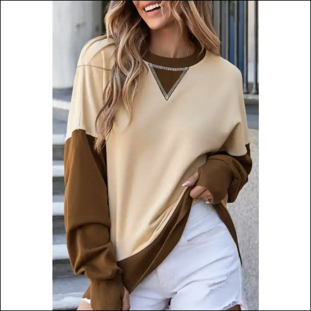Chic Color Block Round Neck Sweatshirt - Khaki / Xl - Sweatshirts & Hoodies