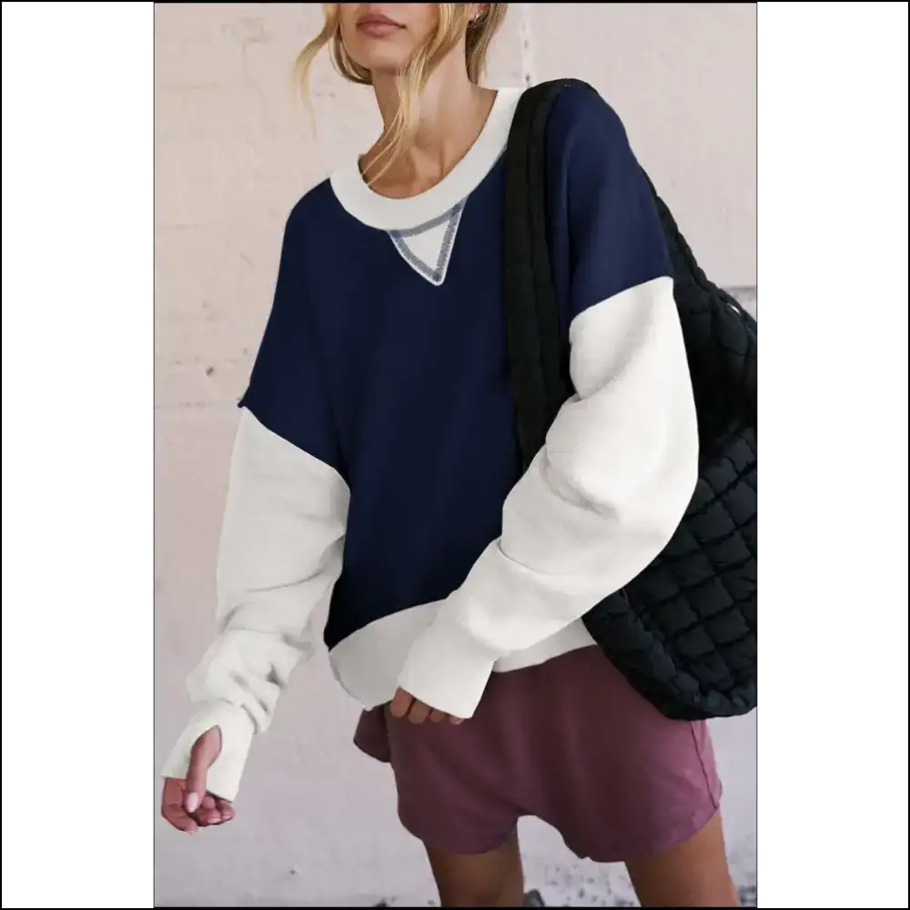 Chic Color Block Round Neck Sweatshirt - Dark Navy / 2xl - Sweatshirts & Hoodies