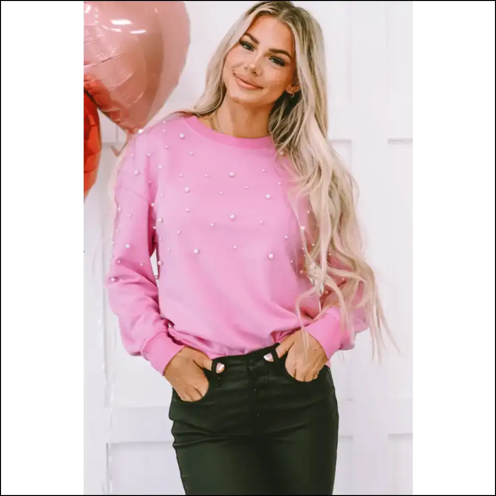 Pearl Round Neck Dropped Shoulder Sweatshirt - Pink / s - Sweatshirts & Hoodies