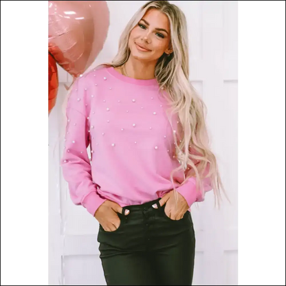 Pearl Round Neck Dropped Shoulder Sweatshirt - Pink / s - Sweatshirts & Hoodies
