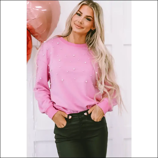 Pearl Round Neck Dropped Shoulder Sweatshirt - Pink / s - Sweatshirts & Hoodies