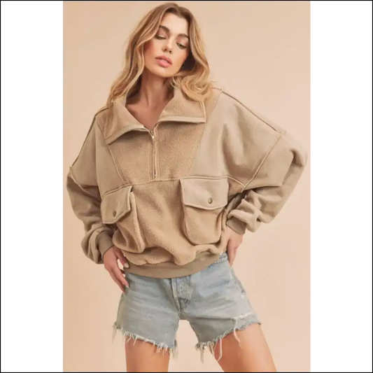 Aemi + co Exposed Seam Half Zip Sweatshirt - Oatmeal / m - Sweatshirts & Hoodies