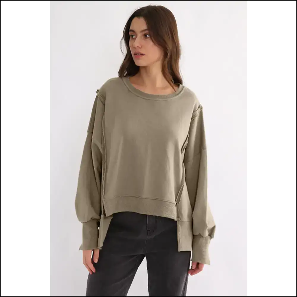 Chic High-low Exposed Seam Sweatshirt - Khaki / one Size - Sweatshirts & Hoodies