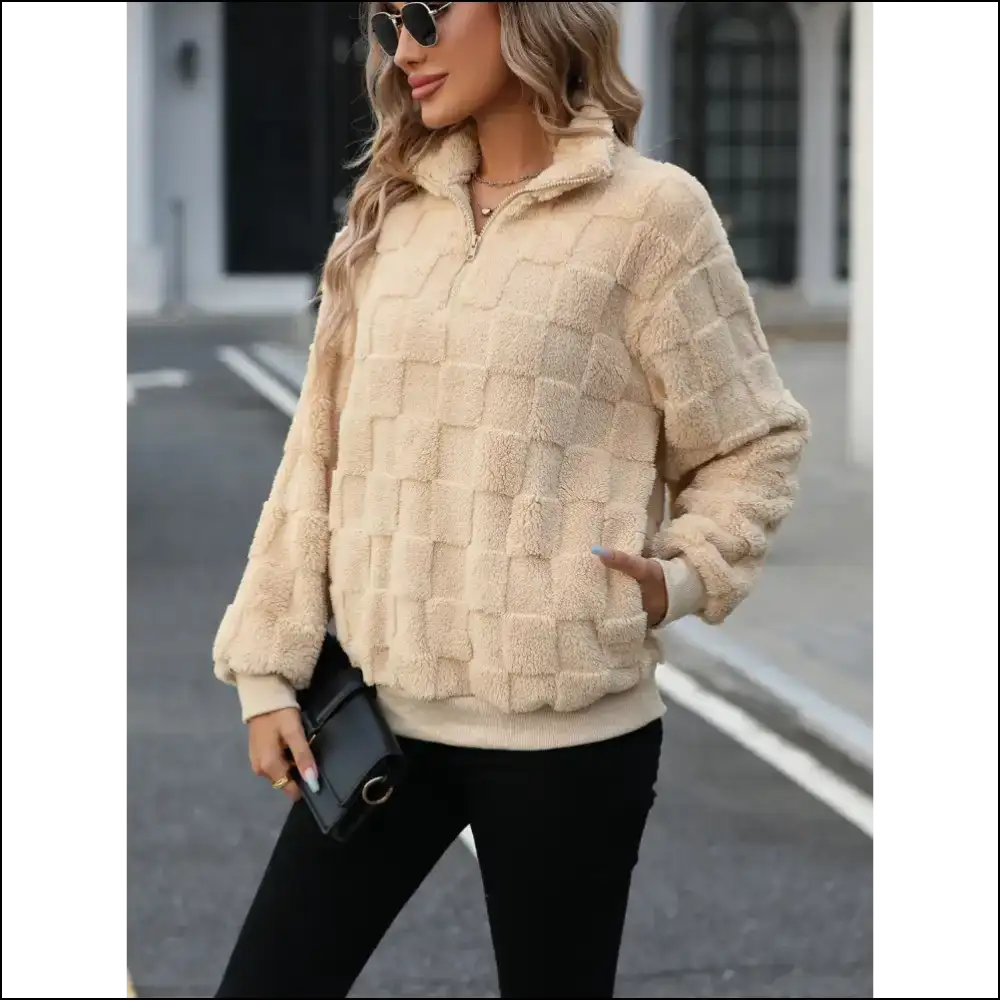 Fuzzy Quarter Zip Long Sleeve Sweatshirt - Cozy Chic - Sweatshirts & Hoodies