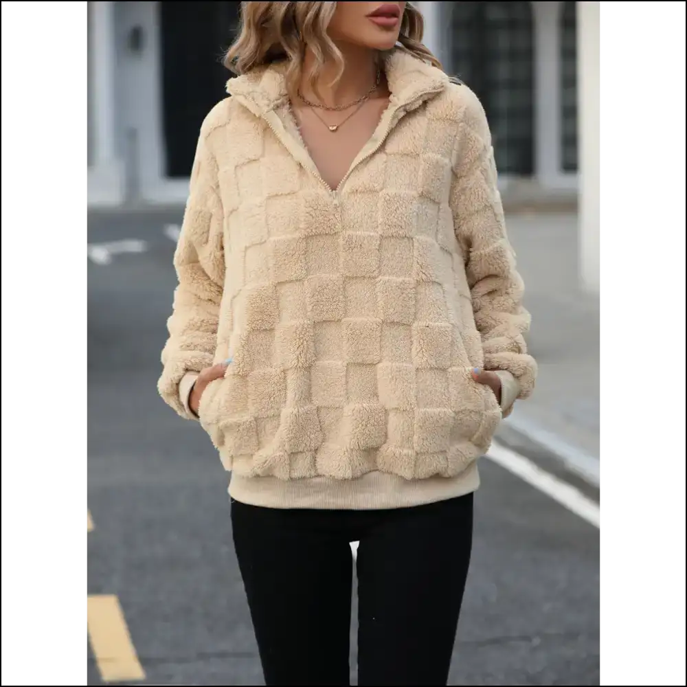 Fuzzy Quarter Zip Long Sleeve Sweatshirt - Cozy Chic - Sweatshirts & Hoodies
