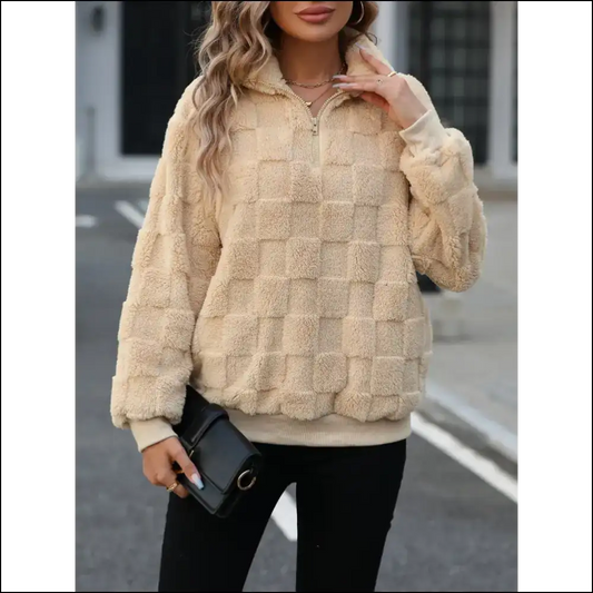 Fuzzy Quarter Zip Long Sleeve Sweatshirt - Cozy Chic - Tan / l - Sweatshirts & Hoodies