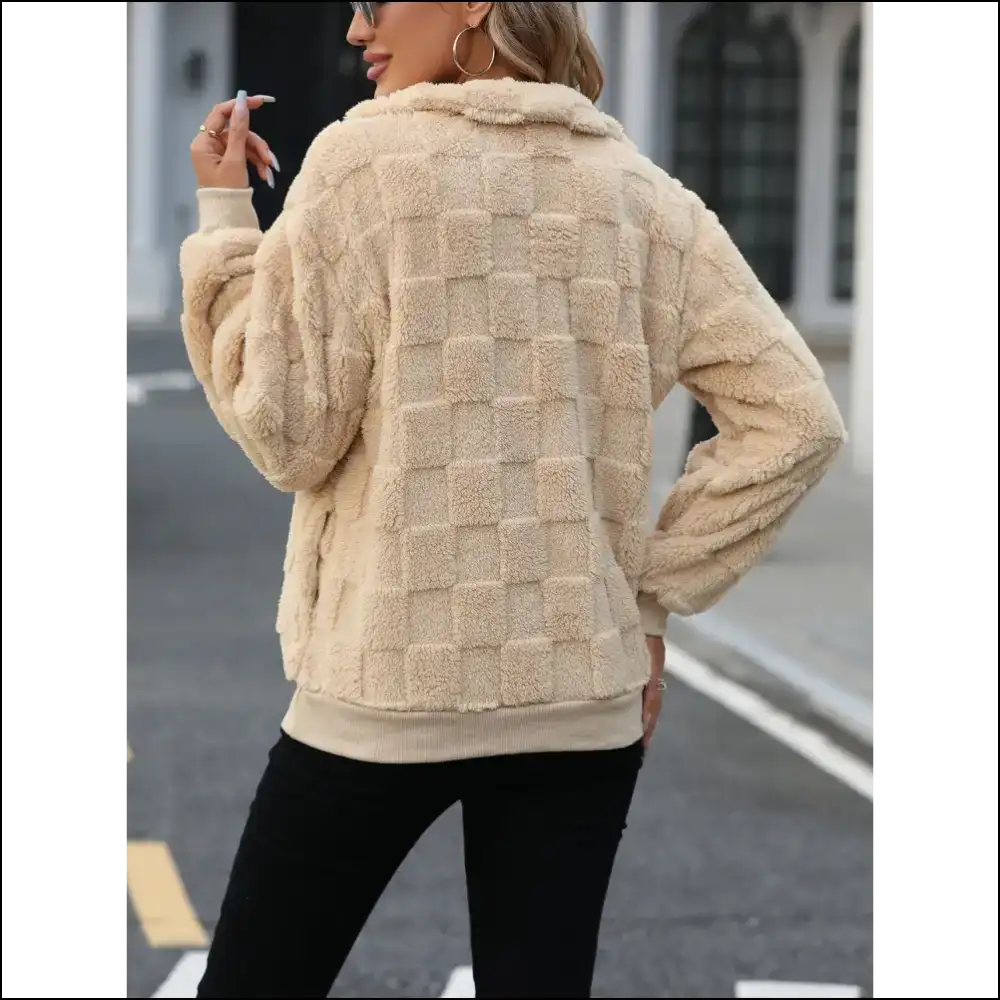 Fuzzy Quarter Zip Long Sleeve Sweatshirt - Cozy Chic - Sweatshirts & Hoodies
