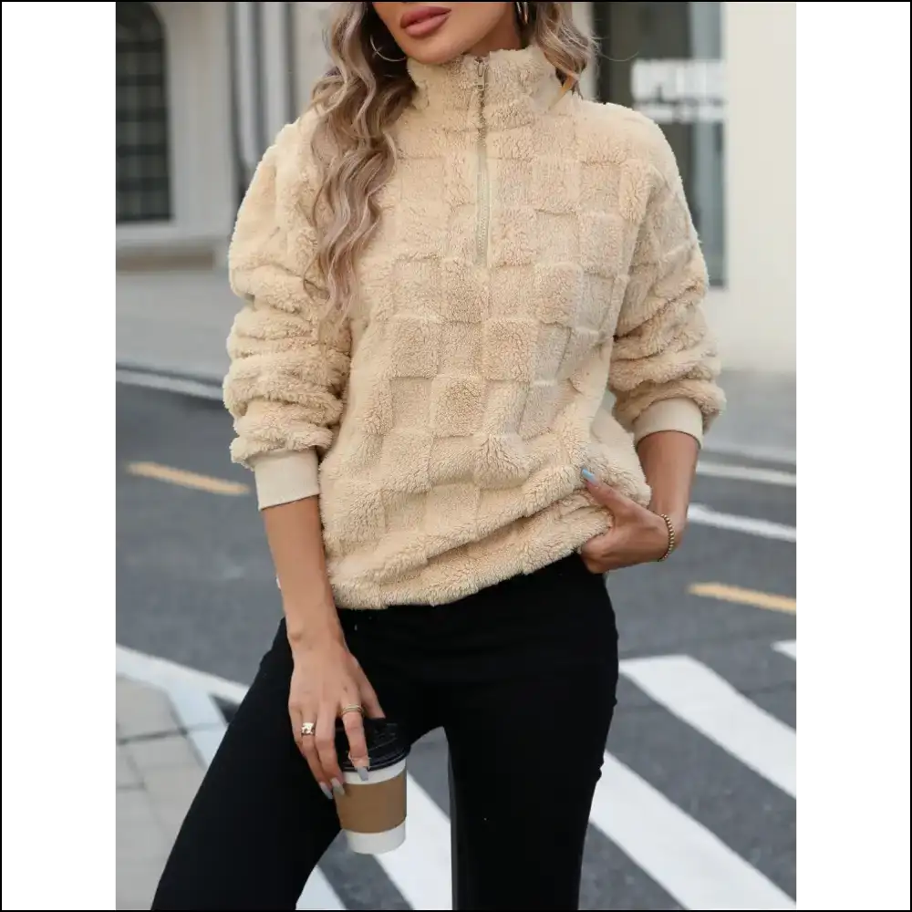 Fuzzy Quarter Zip Long Sleeve Sweatshirt - Cozy Chic - Sweatshirts & Hoodies