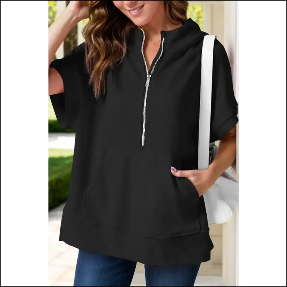 Half Zip Short Sleeve Hoodie - Black / s - Sweatshirts & Hoodies