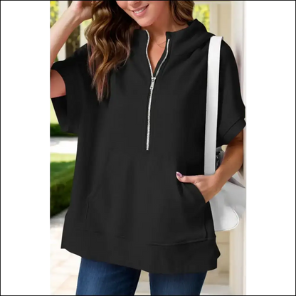 Half Zip Short Sleeve Hoodie - Black / s - Sweatshirts & Hoodies